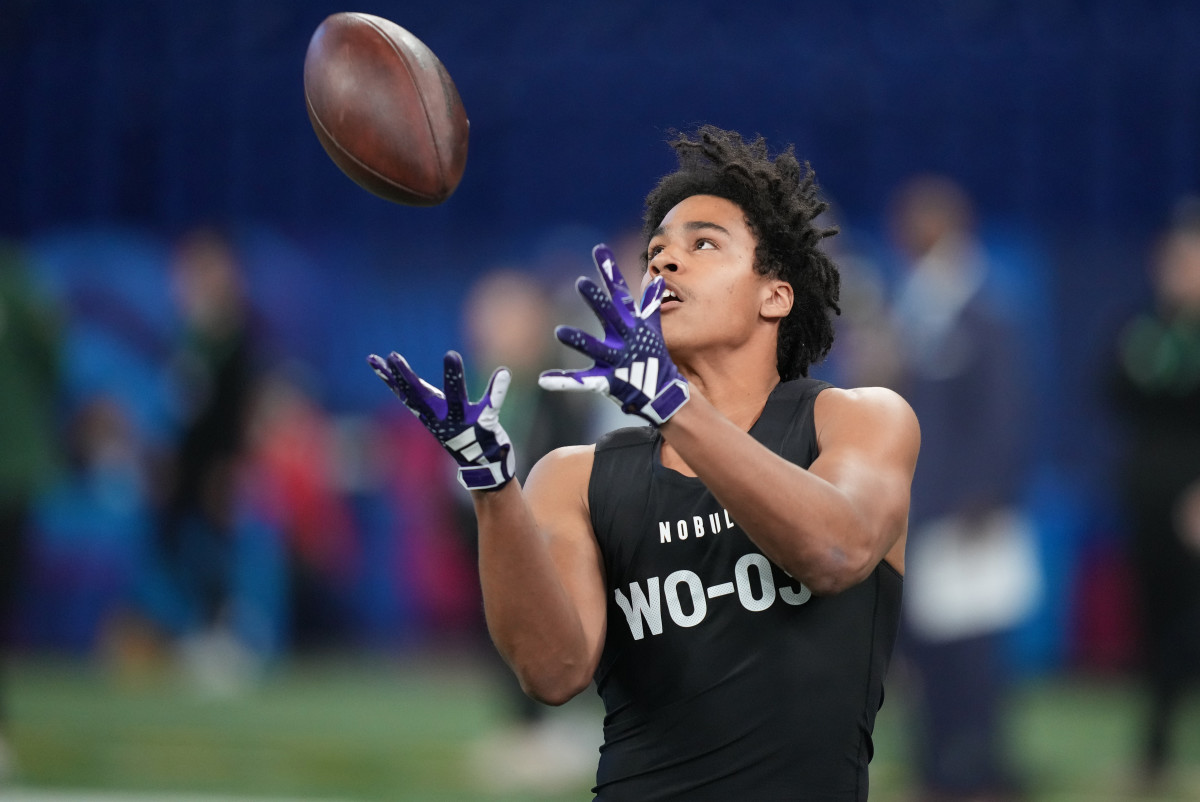 Mar 2, 2024; Indianapolis, IN, USA; Holy Cross wide receiver Jalen Coker (WO03) during the 2024 NFL Combine at Lucas Oil Stadium.